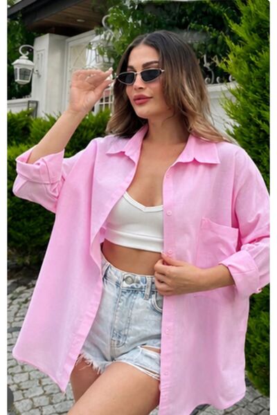 Style Oversize Keten Gömlek Pembe