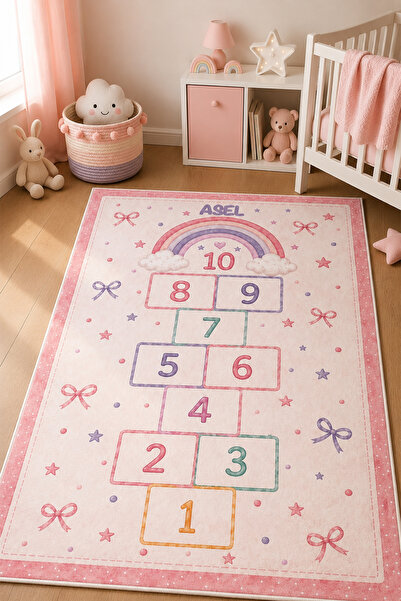 PINKIE HOME Özel İsimli Dijital Kaymaz Yıkanabilir Pembe Seksekli Çocuk Halıs...
