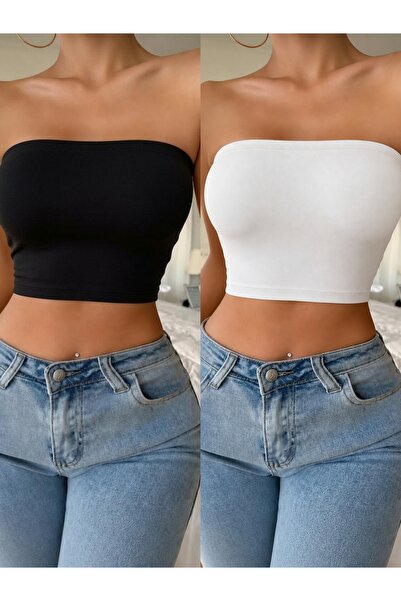 Olyssia Kadın Siyah & Beyaz Straplez Crop Top Büstiyer – Esnek Bandeau Süprem...