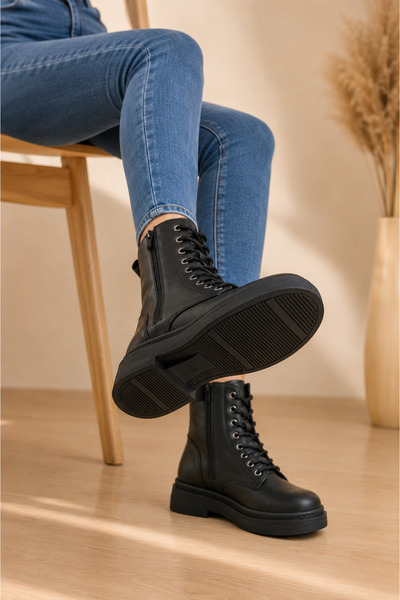 MİLOS Footwear Kadın Siyah Cilt Bağcık Ve Fermuarlı Postal Bot