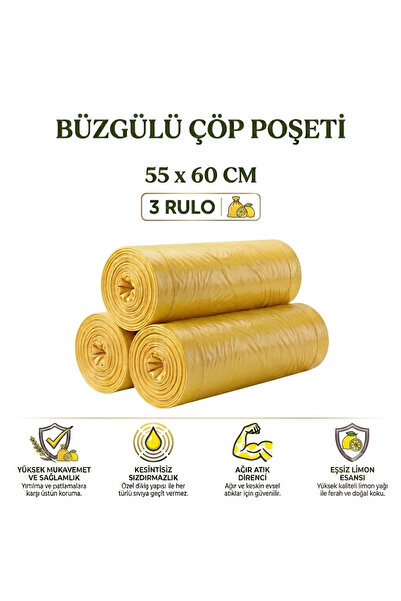 livaambalaj Büzgülü Çöp Torbası Orta Boy 55X60 cm - 3 Rulo - Limon Kokulu Sız...