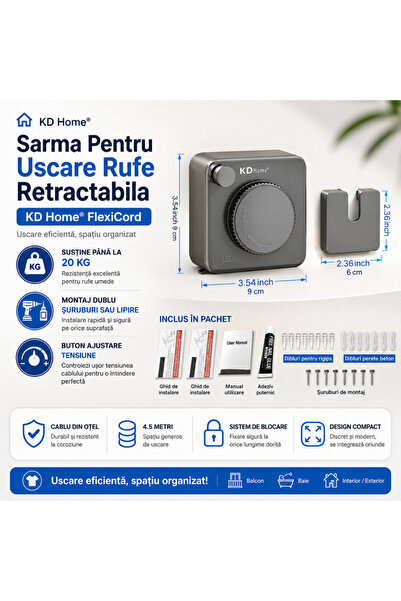 kd home Sarma Uscare Rufe Retractabila KD Home FlexiCord, Cablu 4.5m, Otel, Suporta 20kg, Ajustabil, Gri