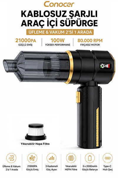 CONOCER ST-6902 BPlus 21000 Pa Araç Süpürgesi – Kablosuz Güçlü Vakum, Şarjlı ...