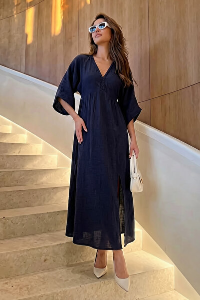 Seeh Navy Blue 100% Cotton V-Neck Knitted Detail Slit Dress Sh227