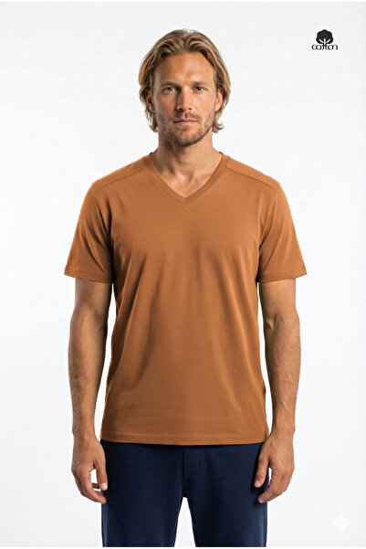 Cottonland Erkek AMADEUS Normal Kesim V Yaka Penye Pamuk T-Shirt TABA