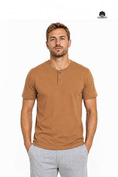 Cottonland Erkek HENLEY Normal Kesim Düğmeli Patlı Penye Pamuk T-Shirt TABA