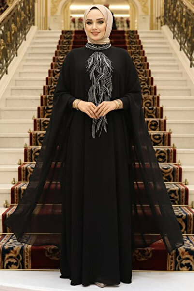Neva Style Poncho Detaliat Abaya Hijab Negru 25914S