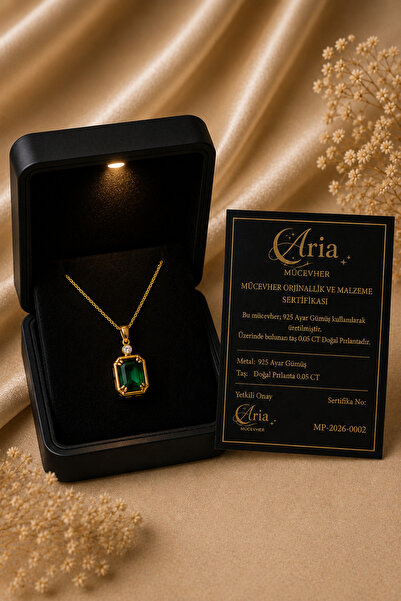 eva'sjewellery diamond Doğal Pırlantalı 925 Gerçek Gümüş Zümrüt Kolye, Kadınl...