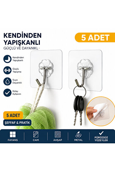 Luxmon Kendinden Yapışkanlı Şeffaf Çengelli Banyo Mutfak Oda Askısı 5 Adet