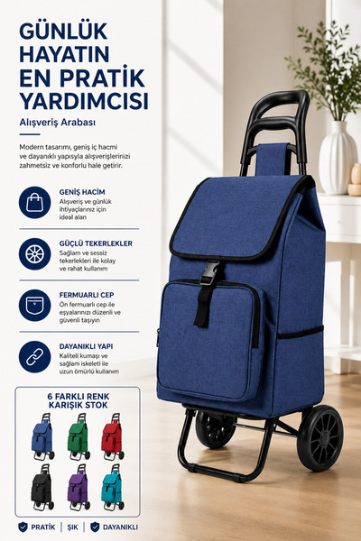 Vadi Ses Yapmaz Tekerlekli Su Geçirmez Çantalı Katlanabilir Pazar Arabası