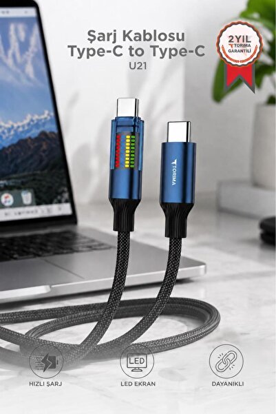 Torima Şarj Kablosu Type-C to Type-C Led Ekranlı Hızlı 60W Data Kablo U21 Siyah