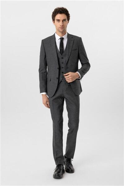 SÜVARİ Siyah Slim Mono Yaka Yan Cepli 6 Drop Yelekli Takım Elbise