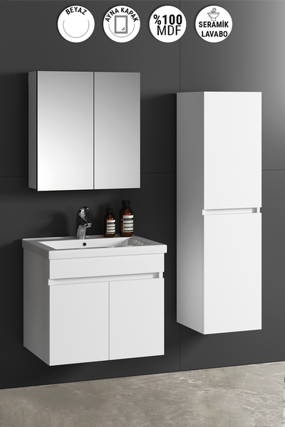 ÖZCEDEN Çiğdem 65+35 cm Beyaz MDF Seramik Lavabolu Asma Banyo Dolabı Takımı