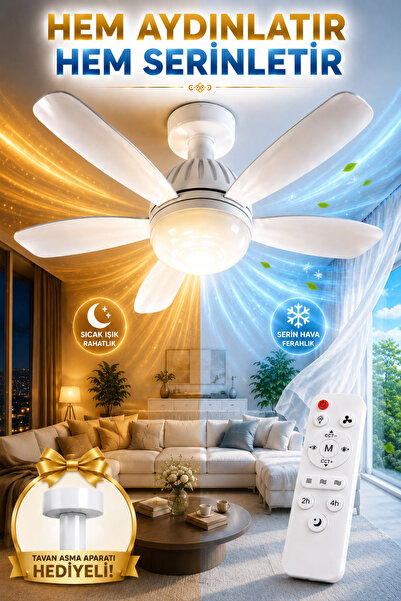 NisaLuce Hediyeli 🎁 Kumandalı Tavan Vantilatörü Pera Aparatlı Ledli Ampullü Beyaz || 3 Renk Işık Aydınlatma Pervaneli Lamba Metal Tavan Aparatı Hediyeli Fanlı Avize SESSİZ ÇALIŞMA Tavan Tipi Vantilatör Işıklı