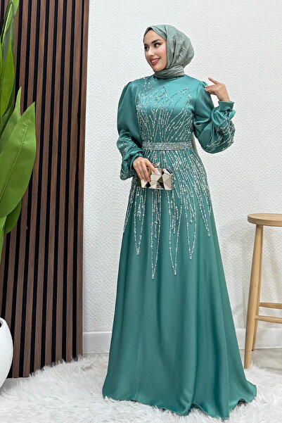 Lamia Giyim İkbal Taşlı Saten Abiye Mint