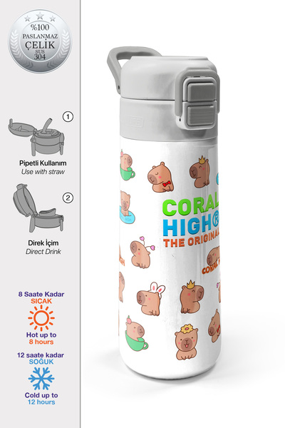Coral High كوب كابيبارا للأطفال منقوش مع شفاطة وقارورة شرب مباشرة من الفولاذ ...