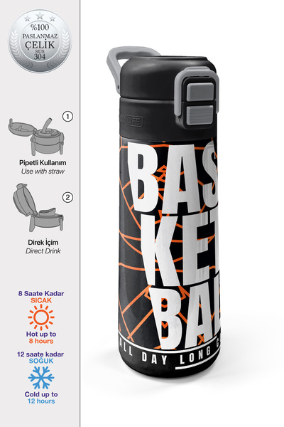 Coral High Kids Siyah Basketbol Desenli Pipetli ve Direkt İçim Çelik Termos 5...