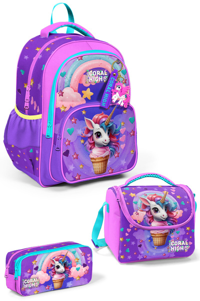 Coral High Kids Mor Pembe Unicorn Dondurma Desenli 3 lü Okul Çanta Seti SET01...