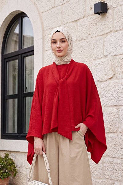 Modamorfo Loose Polyviscon Tunic with Long Belt on the Back - Red