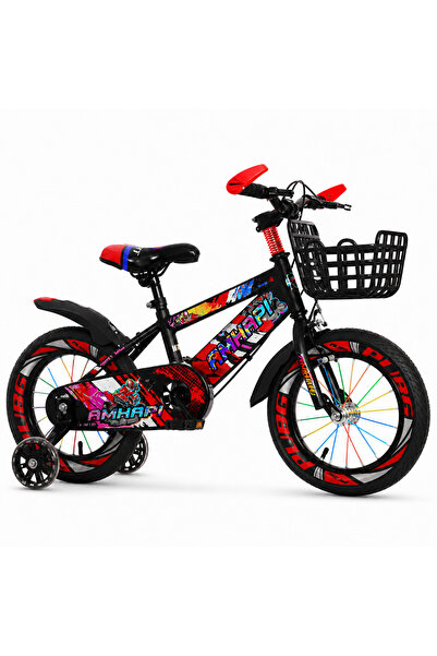 LUDIRO Bicicletă Copii 16 Inch MTB Graffiti - Negru/Roșu, cu Roți LED și Coș ...