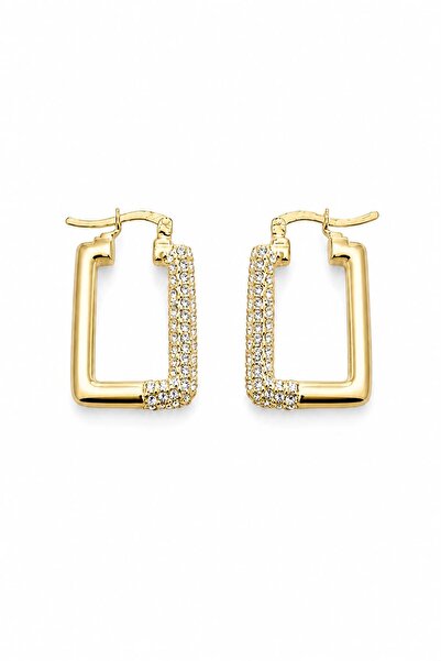 DEMOKAN Women's Earrings Half Zircon Stone Flat Model Rectangular 3cm Hoop Ea...