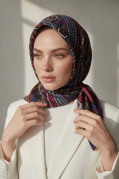 Vissona %100 Twill İpek Etnik Desenli Lacivert - Bordo  Renkli 90x90 Eşarp Di...