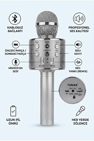 yumax Kablosuz Karaoke Mikrofon – Bluetooth, 60 Desibel Metal Gövde, USB & SD...