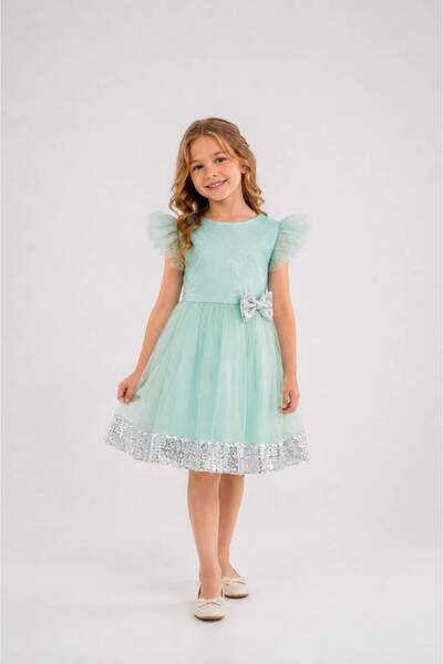 Eray Kids Girls' Evening Dress with Ruffled Sleeves Glitter Sequin Bow Detail
