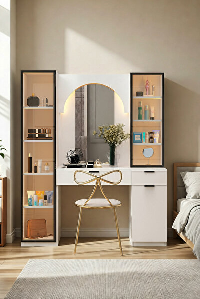 Meloni Illuminated Mirrored Vanity Table Organizer Dresser with Drawer + Illuminated Cabinet with Single Glass Door