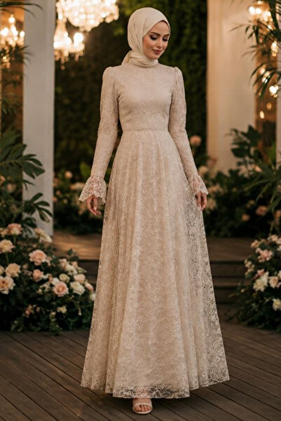 N.S NEVA STYLE Dantelli Bej Tesettür Abiye Elbise 6294BEJ
