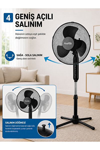 Maxilife Breeze MX-BS160 16" Katlanır Ayaklı, 3 Kademeli Hız Ayarlı, Metal Izgaralı, 45W Vantilatör