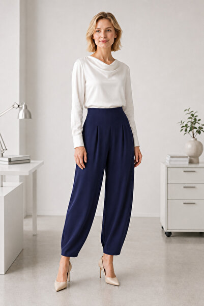 Generic Brand Pantaloni tip balon din țesătură crep, croială shalwar, fără curea