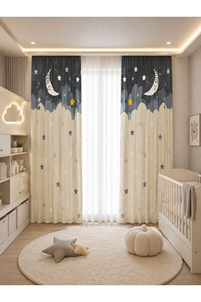 Bebişim Halı Starry Cute Moon Double Winged Children's Room Background Curtain