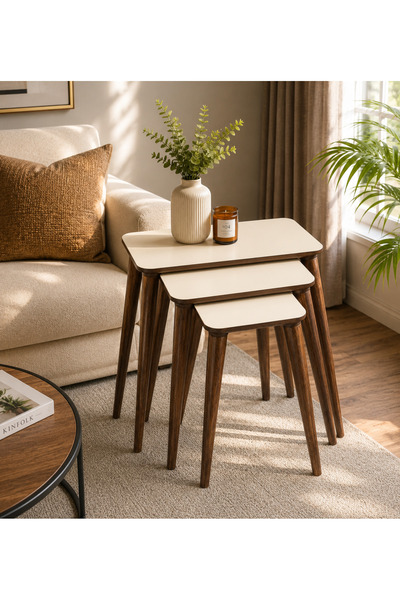 EFLORA DESIGN Premium Masif Gürgen Ağacı Ayaklı MDF Zigon Sehpa 3’lü Set Parl...