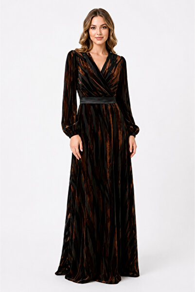unbranded Women's Black Brown Jaafari Maxi Evening Dress with Metallic Stripe...