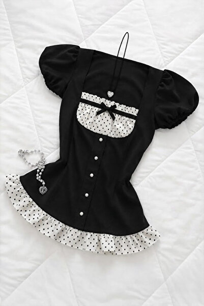 Köstebek Μαύρο κοντομάνικο crop top Coquette Bridge με λεπτομέρειες από βολάν...
