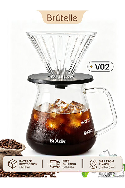Brutelle طقم تقطير القهوة الزجاجي V60 سعة 600 مل، صانع قهوة يدوي V02، تصميم س...