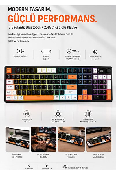 Asfal Ses Kontrol Düğmeli Multimedya Klavye RGB Kablosuz Mekanik Hisli Klavye...