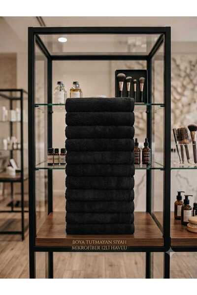 Bol Ticaret Tekstil 12 Pieces Black Microfiber Hairdresser Hand Face Sports Towels Non-Holding Hair Dye 50x90 Cm