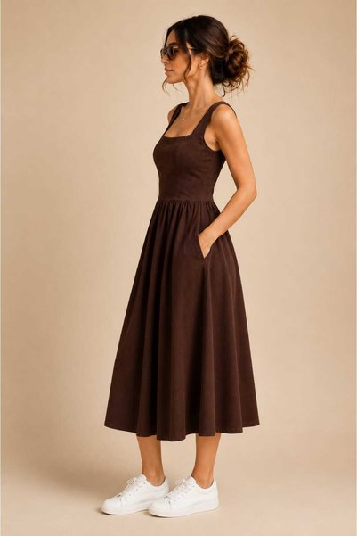 Benedetto New Season Women's Strappy Square Neckline Elastic Waist Pocketed Comfortable Fit Midi Dress