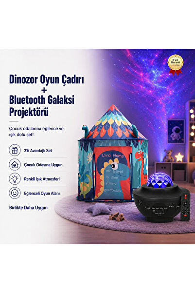 Dinozor Temalı Çocuk Oyun Çadırı ve Bluetooth Galaksi Projektörü Eğlence Seti