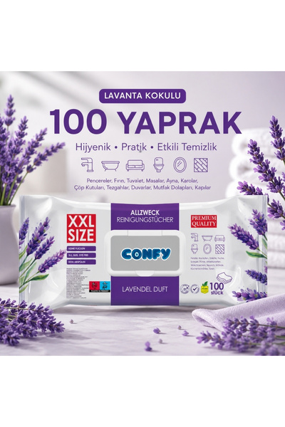 Confy Yüzey Temizlik Havlusu Mendili Lavanta Kokulu XXL 100’lü (100 Yaprak) Ç...