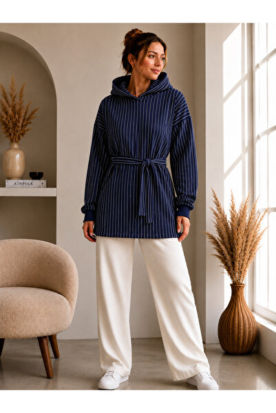 caddekombin Women's Special Design Belted Striped Hooded Sweatshirt