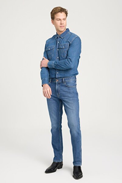 WRANGLER Slim Fit Dar Kesim Normal Bel Dar Paça Koyu Mavi Texas Jean Kot Pant...
