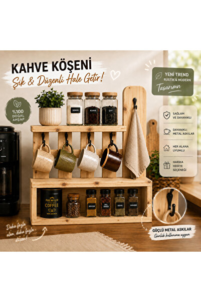 ustawood Doğal Masif Ahşap Kahve Köşesi Düzenleyici Kupa Askılığı Baharatlık ...