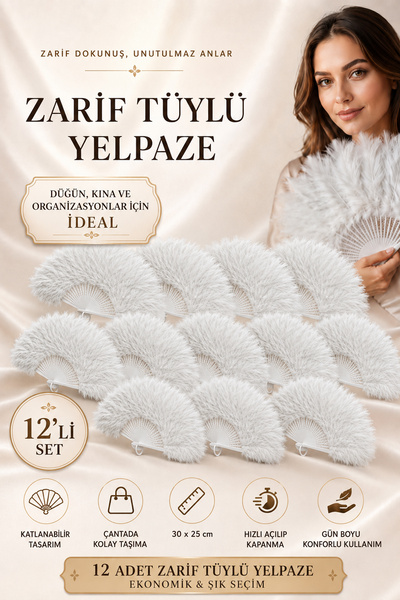 ALFAGİFT 12 Beyaz Kuş Tüyü Yelpaze Dekoratif El Yelpazesi Gelin Nişan Kına Dü...