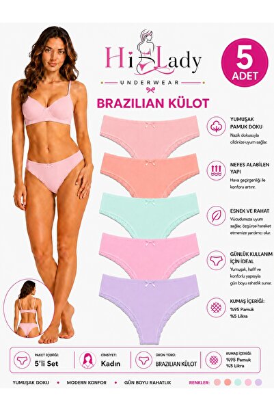 Hilady Chiloți brazilian pentru femei, pachet de 5, țesătură moale din bumbac...