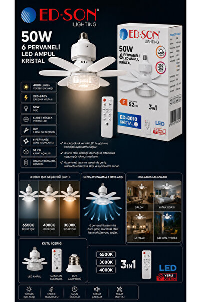 EDSON ELEKTRONİK ED-SON Lighting ED-8010 Kristal 50W 6 Pervaneli LED Ampul 40...
