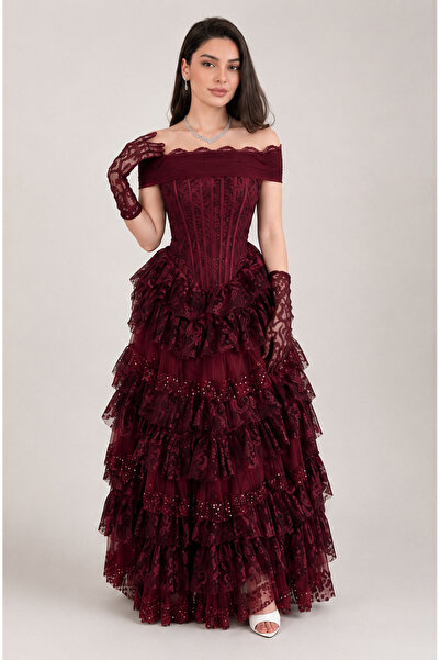 DVNA Luxurious Burgundy Evening Gown with Corset and Layered Lace Detailing
