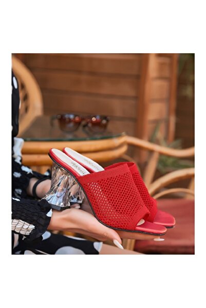 DMR Elegance Akva Red Knitwear Transparent Heeled Slippers